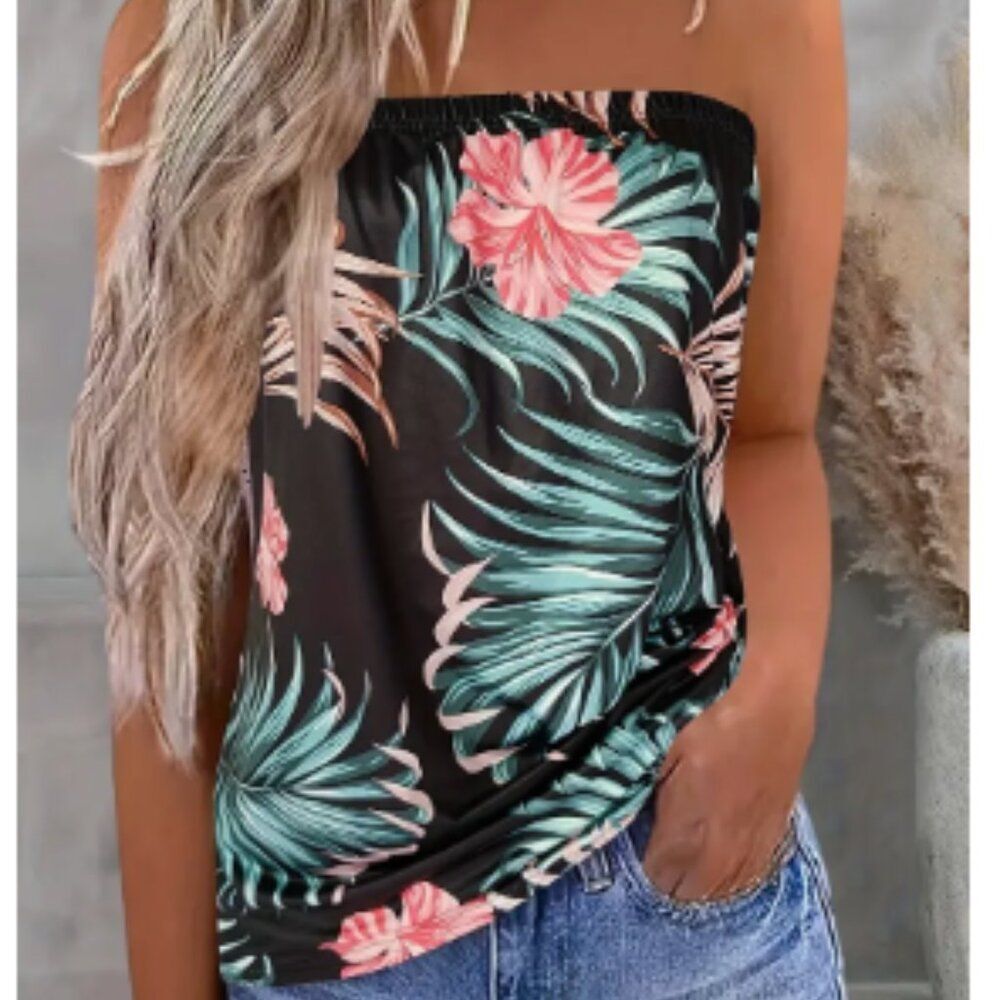 NWOT Plant Print Elastic Trim Tube Top‎ MEDIUM Sleeveless Summer Strapless Top